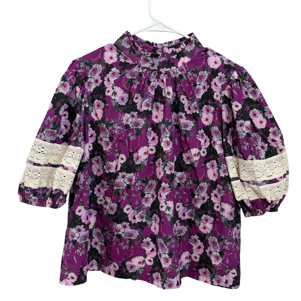 &merci Purple Floral Mock Neck Puff Sleeve Lace Inset Blouse Top Large